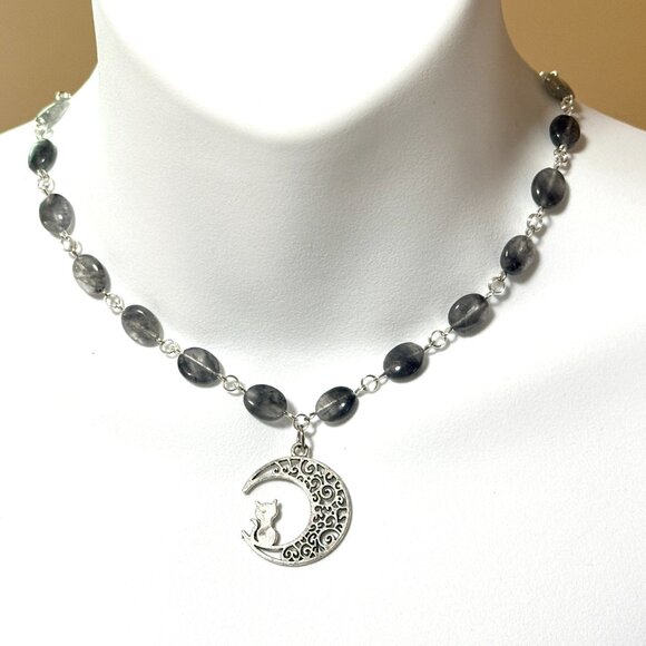 Genuine Grey Tourmalinated Quartz Short Necklace, Gemstone w/ Cat on the Moon - Picture 2 of 14